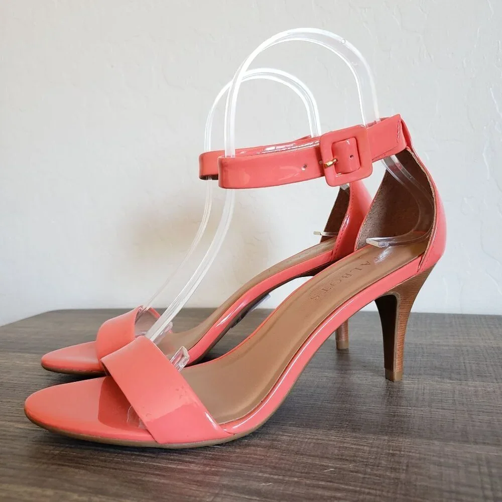 Talbots Lakia Patent Leather Ankle Strap Heels Sandal Open Toe Coral Sz Womens 7